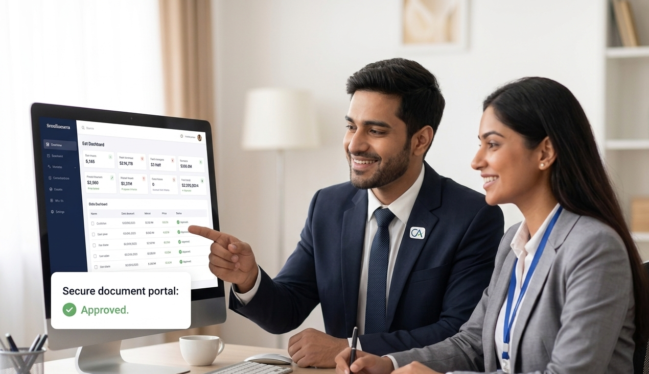 CA expert and client reviewing a secure document portal, marked as approved